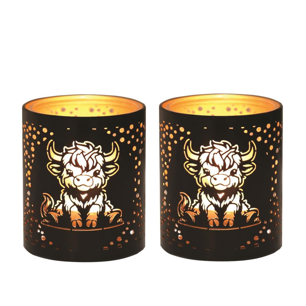 Aroma Black & Gold Highland Cow 2 Tealight & Votive Holder Set £8.09